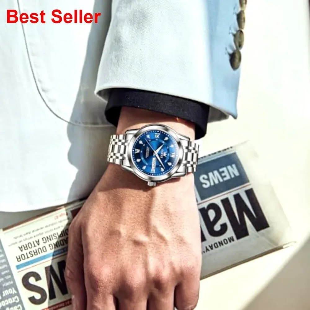 Stainless Steel Watch with Roman Numerals Diamond Accents Day Date